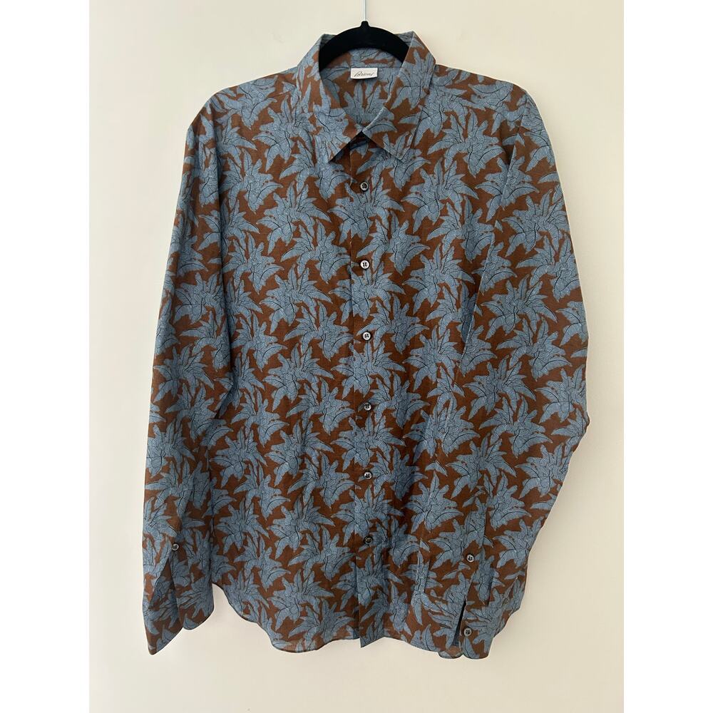 Brioni Men’s Shirt Long Sleeve Fitted Button Down Blue Brown Linen Cotton EUC L